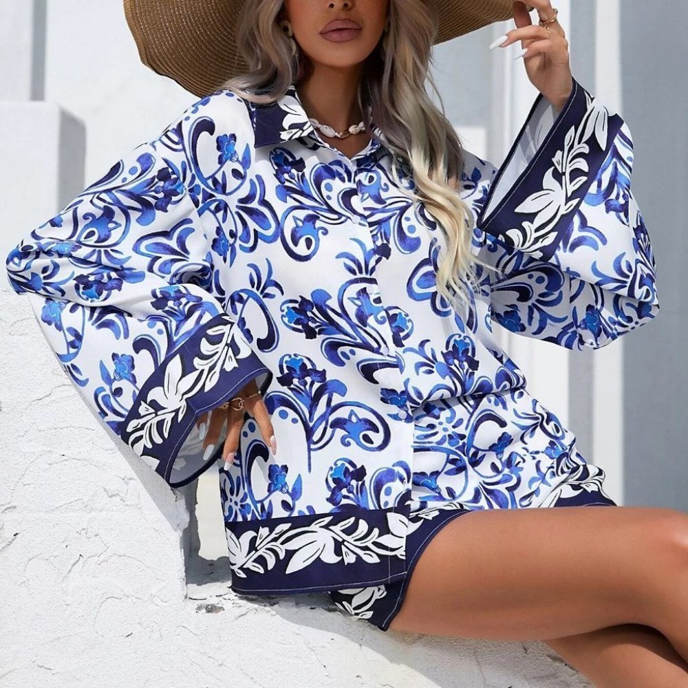 Blue Preppy Womens Floral Print Drop Shoulder Shirt & Shorts - Picture 5 of 5